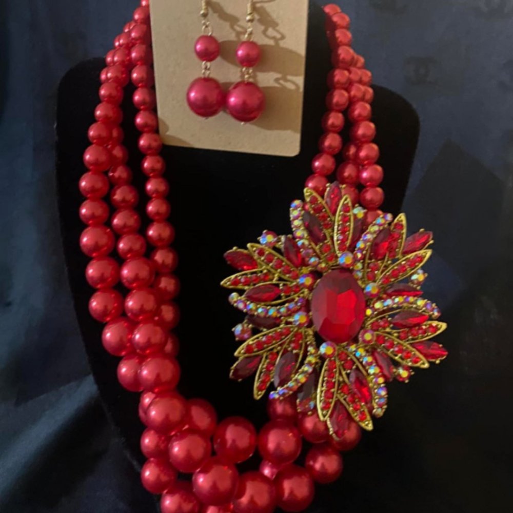 Brand new beautiful red necklace and earring set